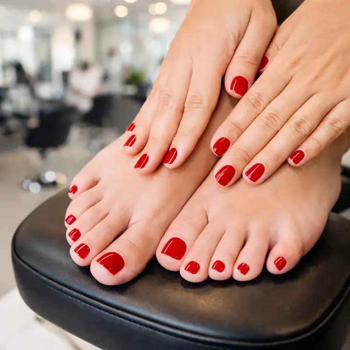 Pés com esmalte vermelho após pedicure